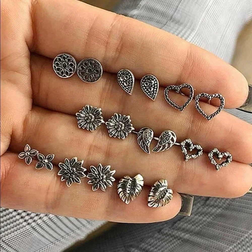 SILVER 9 pairs flower & Heart Stud Earrings
